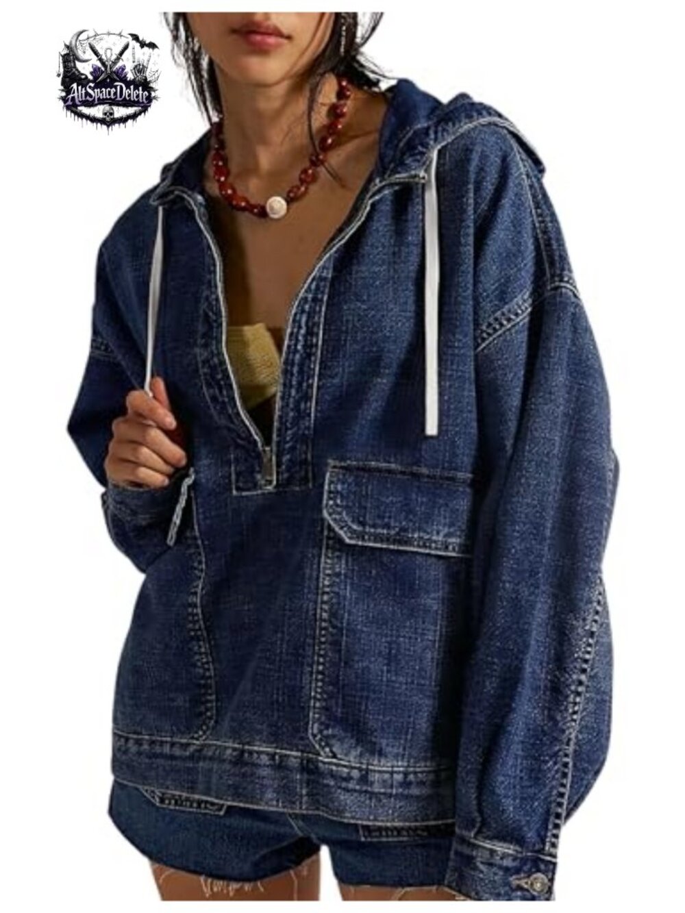 Oversized Denim Pullover Jacket Half Zip Hoodie Jean Top Sweatshirt